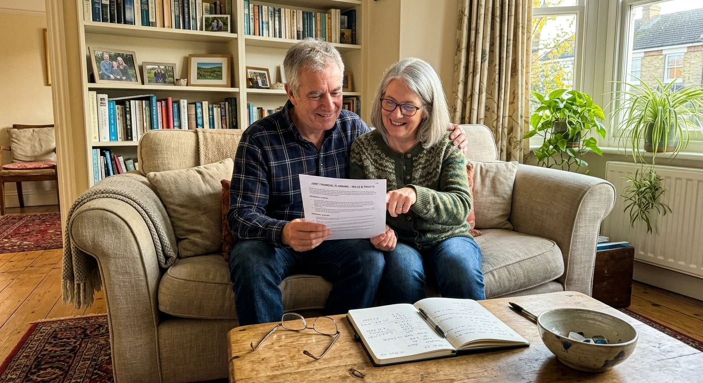 An older couple sitting together on a living room couch, looking at a financial statement and smiling in warm afternoon light.
