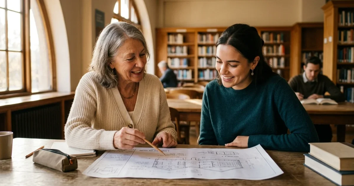 An older female mentor in a library patiently explains a blueprint design to a young female apprentice under warm afternoon light.