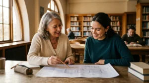 An older female mentor in a library patiently explains a blueprint design to a young female apprentice under warm afternoon light.