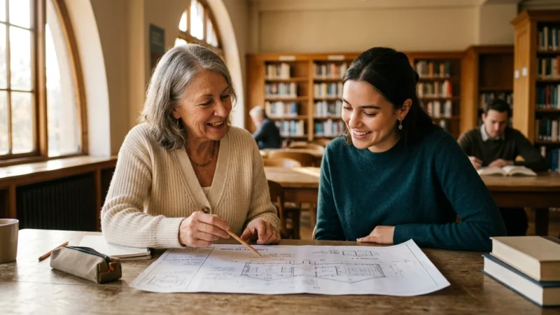 An older female mentor in a library patiently explains a blueprint design to a young female apprentice under warm afternoon light.