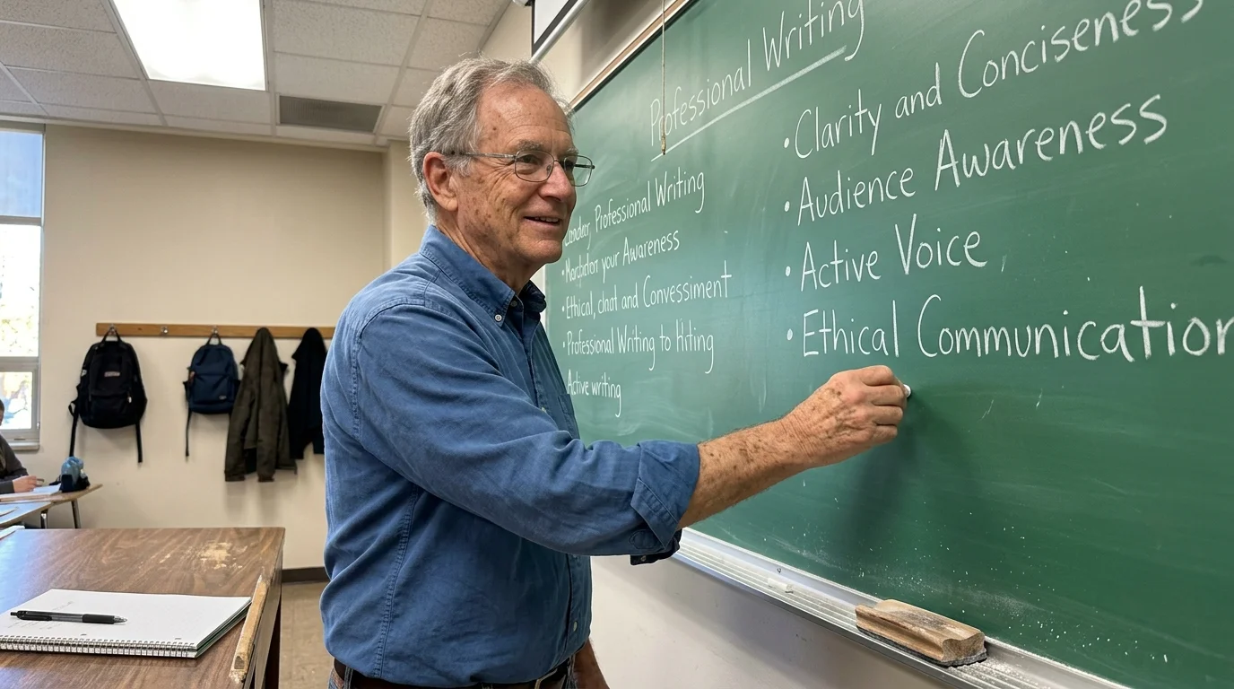 An older male instructor smiles while writing on a chalkboard in a community college classroom, captured in a candid snapshot style.