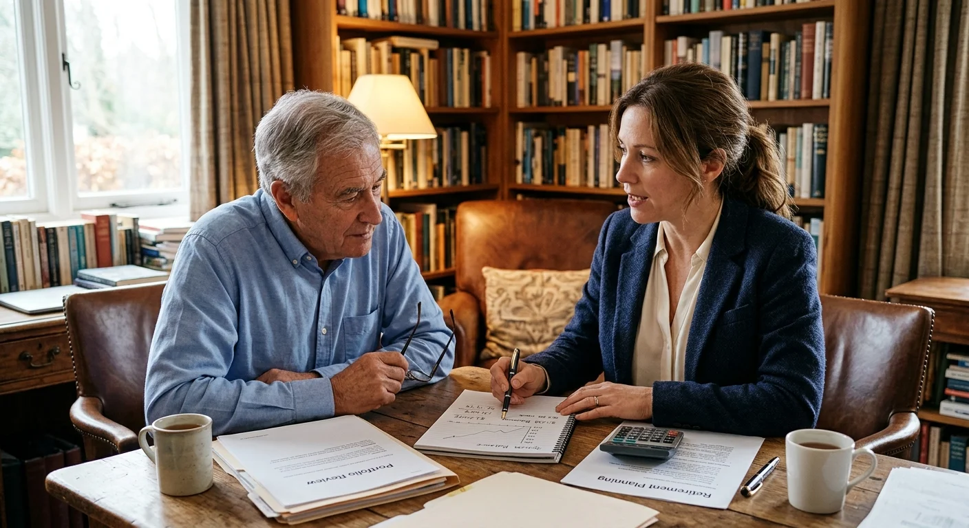 An older man and a professional advisor discuss financial plans over handwritten notes in a cozy, book-lined home office.