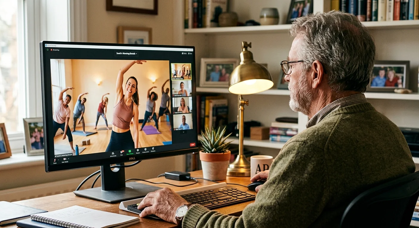 An older man in a home office watches an online fitness class on his desktop computer.