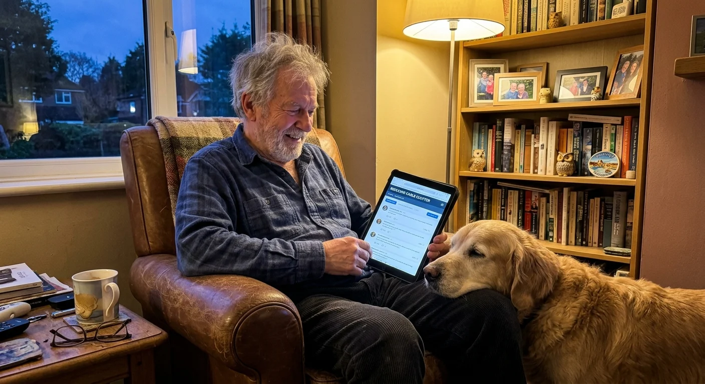 An older man relaxes in his living room with his dog, smiling at a forum thread on his tablet.