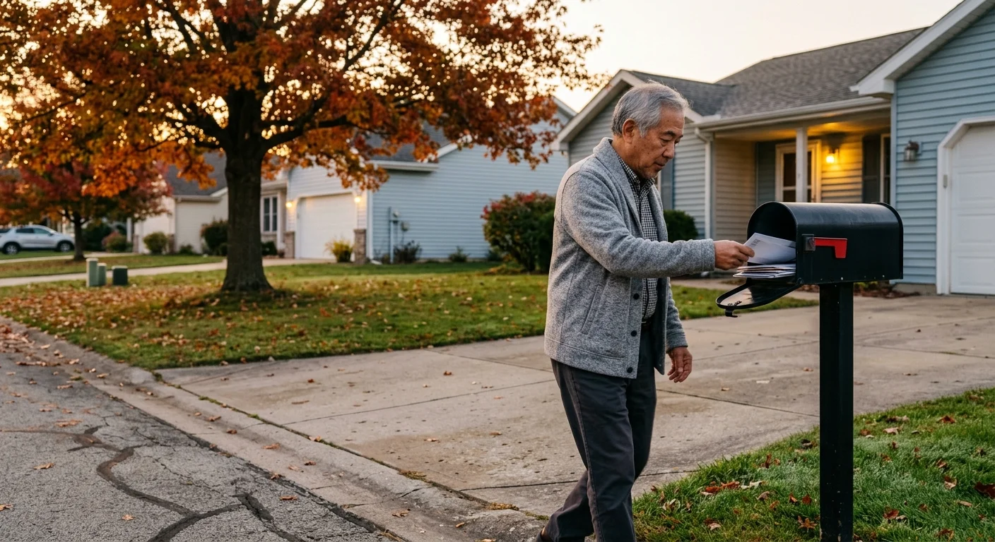 An older man retrieves mail from his mailbox in front of his American home during a crisp autumn morning.