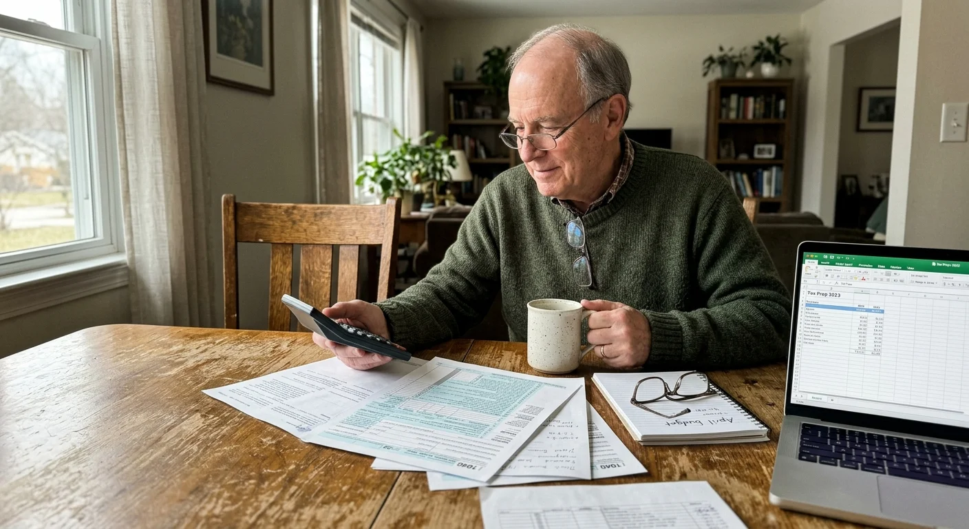 An older man reviewing tax forms and paperwork at his home dining table in natural morning light.