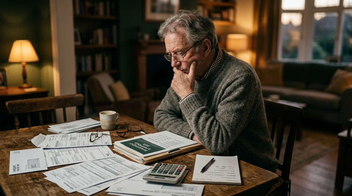 An older man sitting at a cozy desk at night, thoughtfully looking over complex papers.