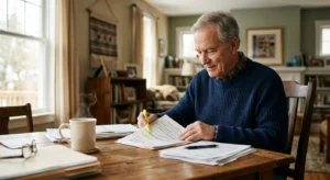 An older man sitting at a wooden table organizes medical documents and application papers in his warm, sunlit home.