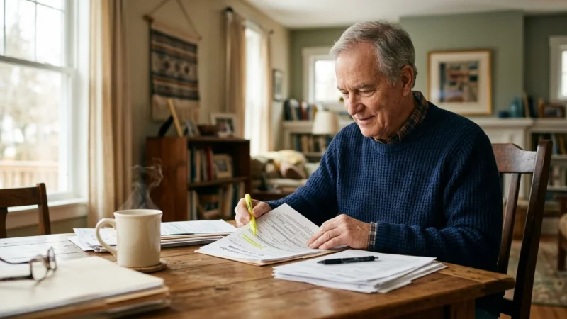 An older man sitting at a wooden table organizes medical documents and application papers in his warm, sunlit home.