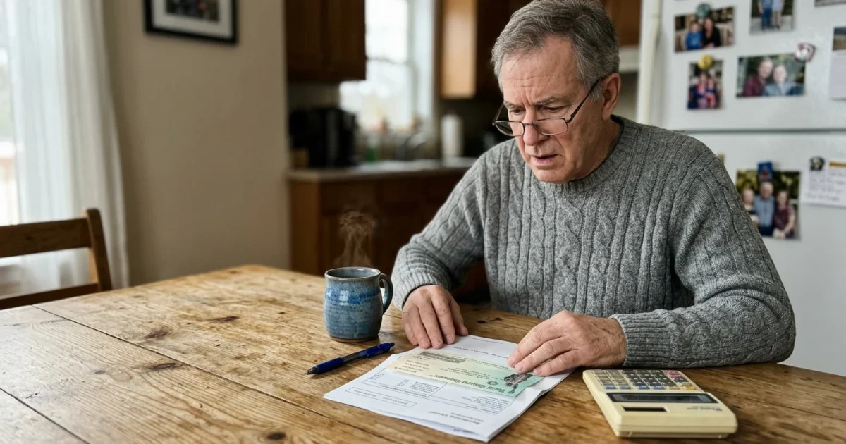 An older man sitting at his kitchen table under morning light, carefully reviewing his Social Security check and paper statements.