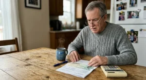 An older man sitting at his kitchen table under morning light, carefully reviewing his Social Security check and paper statements.