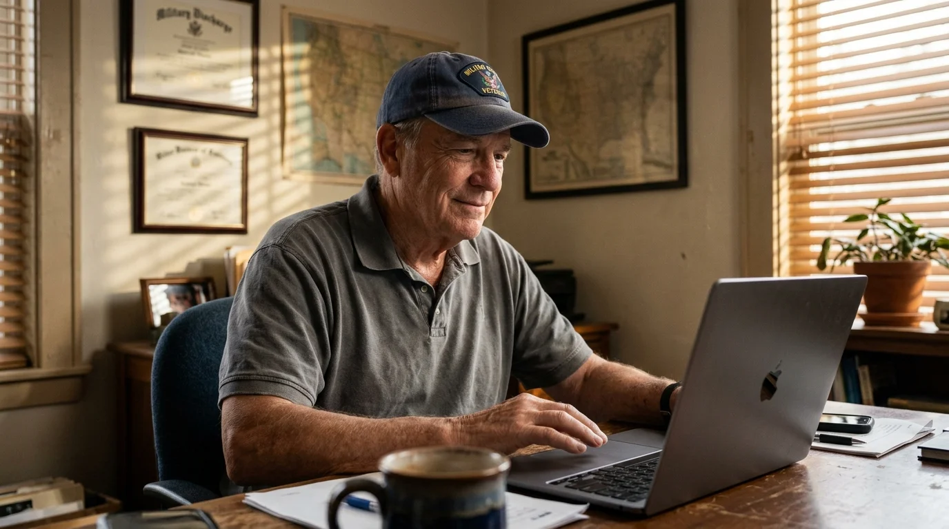 An older military veteran smiling calmly at his laptop in a warm home office.