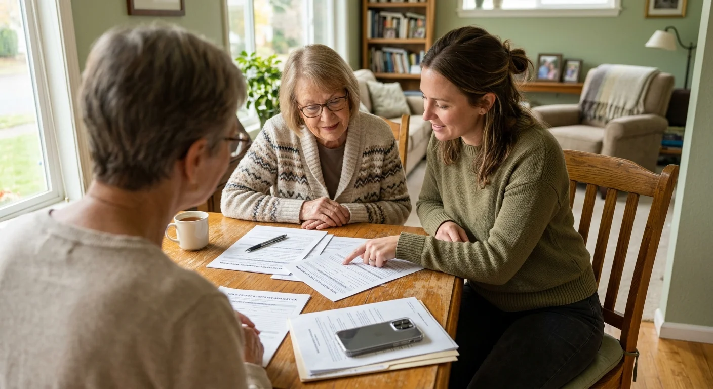 An older woman at her kitchen table reviews paperwork with a friendly, casually dressed professional consultant.