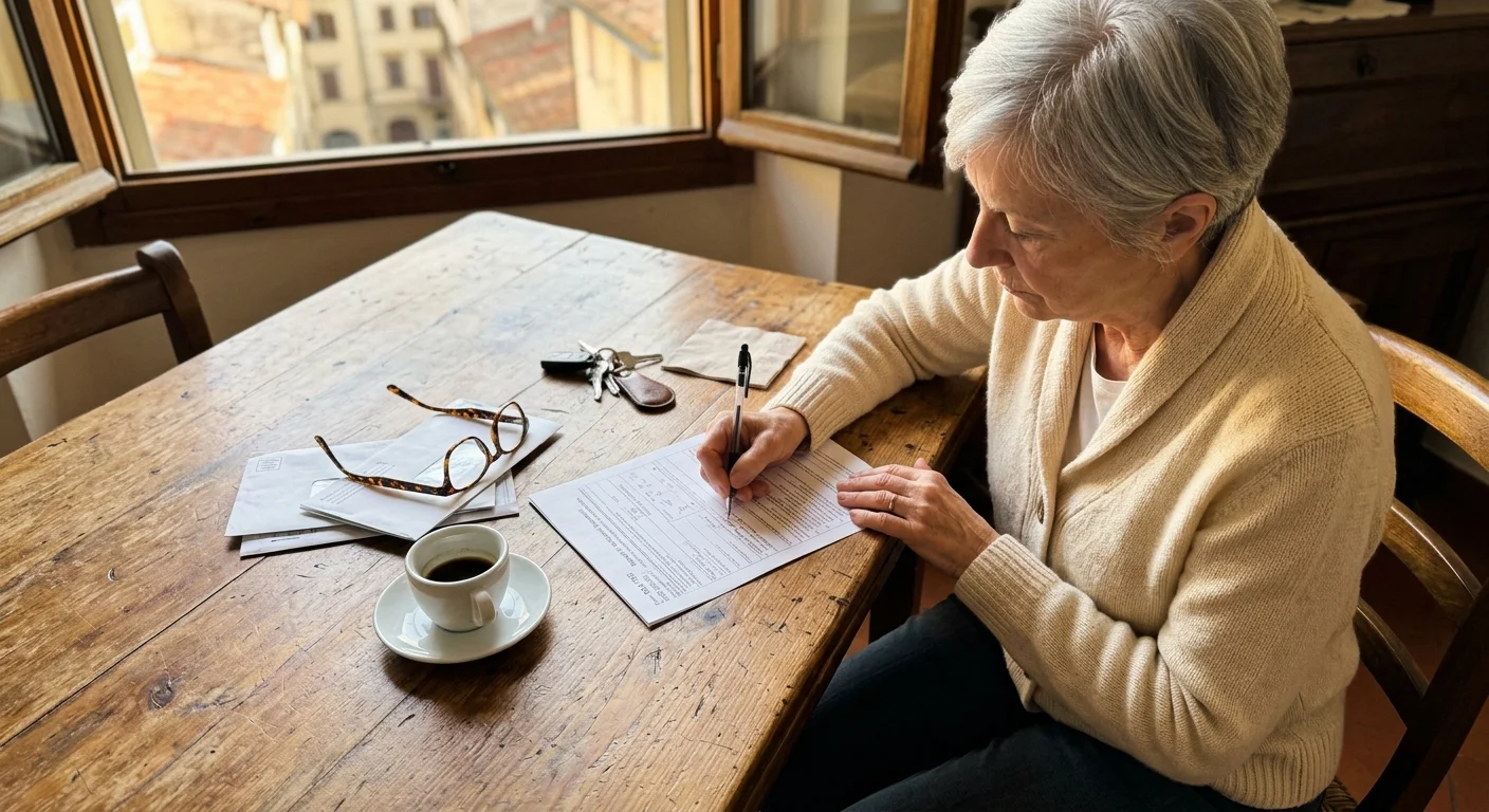 An older woman carefully fills out Form SSA-7162 at a sunlit wooden table in her overseas apartment.