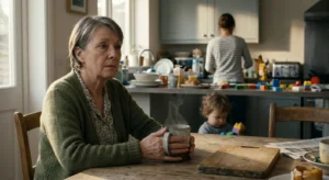 An older woman sits thoughtfully at a kitchen table while her family is busy in the background, showing the reality of shared living.