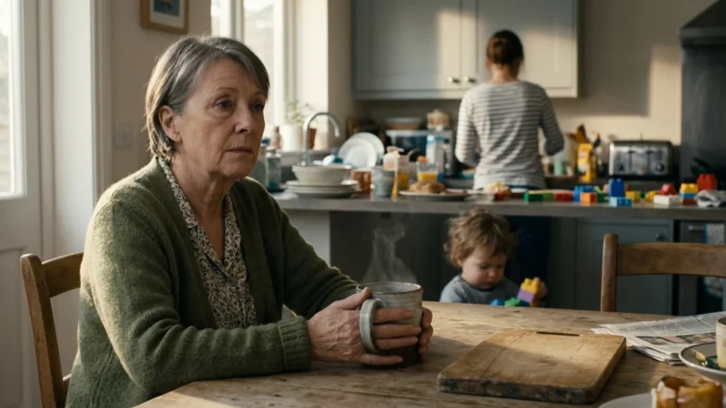 An older woman sits thoughtfully at a kitchen table while her family is busy in the background, showing the reality of shared living.