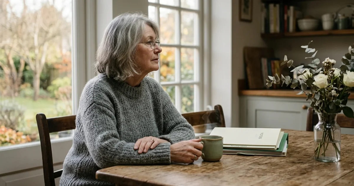 An older woman sits thoughtfully at a sunlit kitchen table with a stack of folders and a warm mug of tea.