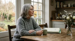 An older woman sits thoughtfully at a sunlit kitchen table with a stack of folders and a warm mug of tea.