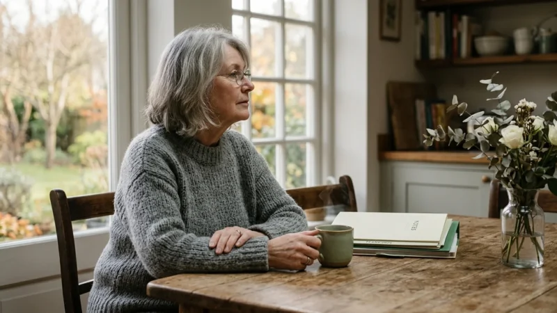 An older woman sits thoughtfully at a sunlit kitchen table with a stack of folders and a warm mug of tea.