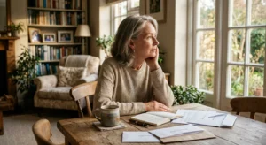 An older woman sits thoughtfully at her dining table with documents and a warm mug, reflecting in soft afternoon light.