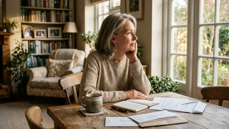 An older woman sits thoughtfully at her dining table with documents and a warm mug, reflecting in soft afternoon light.