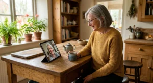 An older woman smiles at her tablet over a cup of tea in a warm, sunlit kitchen.