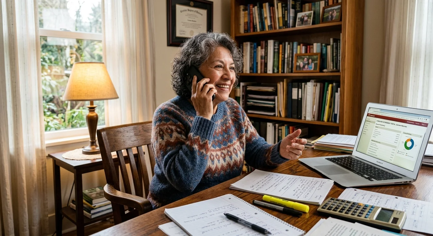 An older woman smiles while speaking on the phone in her warm home office, reviewing retirement plans on her laptop.