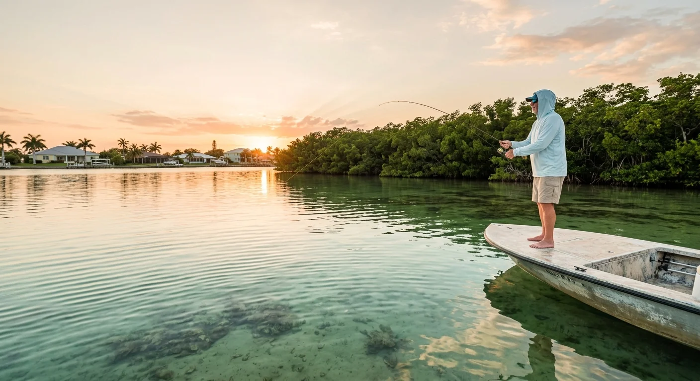 A man stands on the bow of a skiff boat casting a fishing rod into calm, shallow coastal waters at sunset.