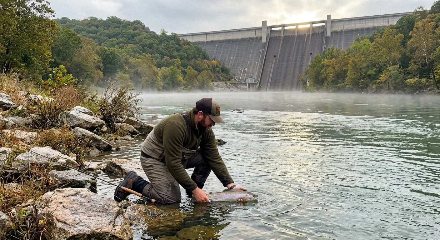 An angler kneels in a misty river holding a trout with a massive concrete dam in the background.