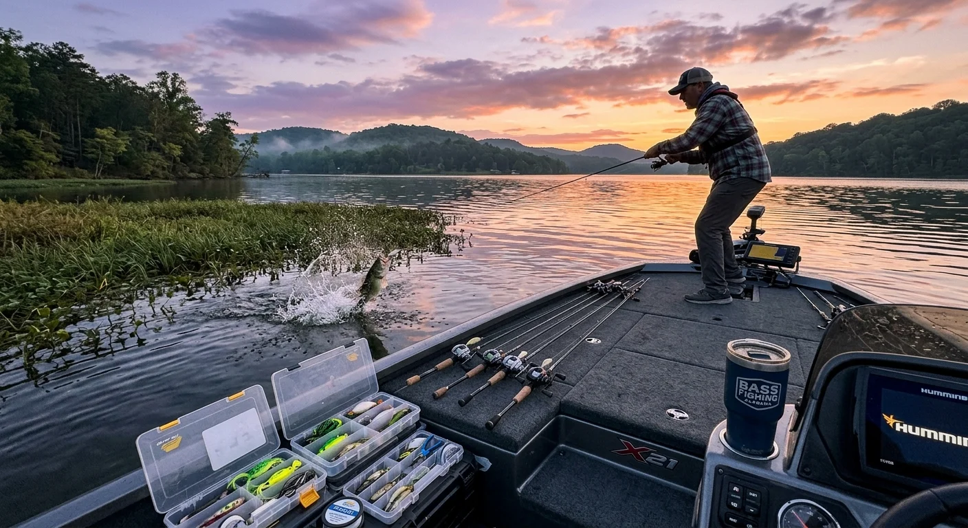 An angler stands on a bass boat reeling in a jumping fish at sunset on a calm lake.