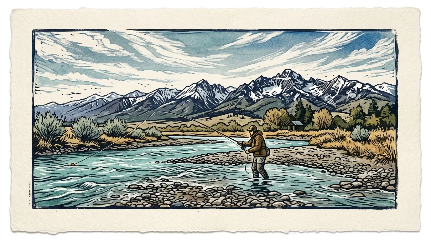 Woodcut-style illustration of an angler fly fishing in a mountain river with snowy peaks in the background.