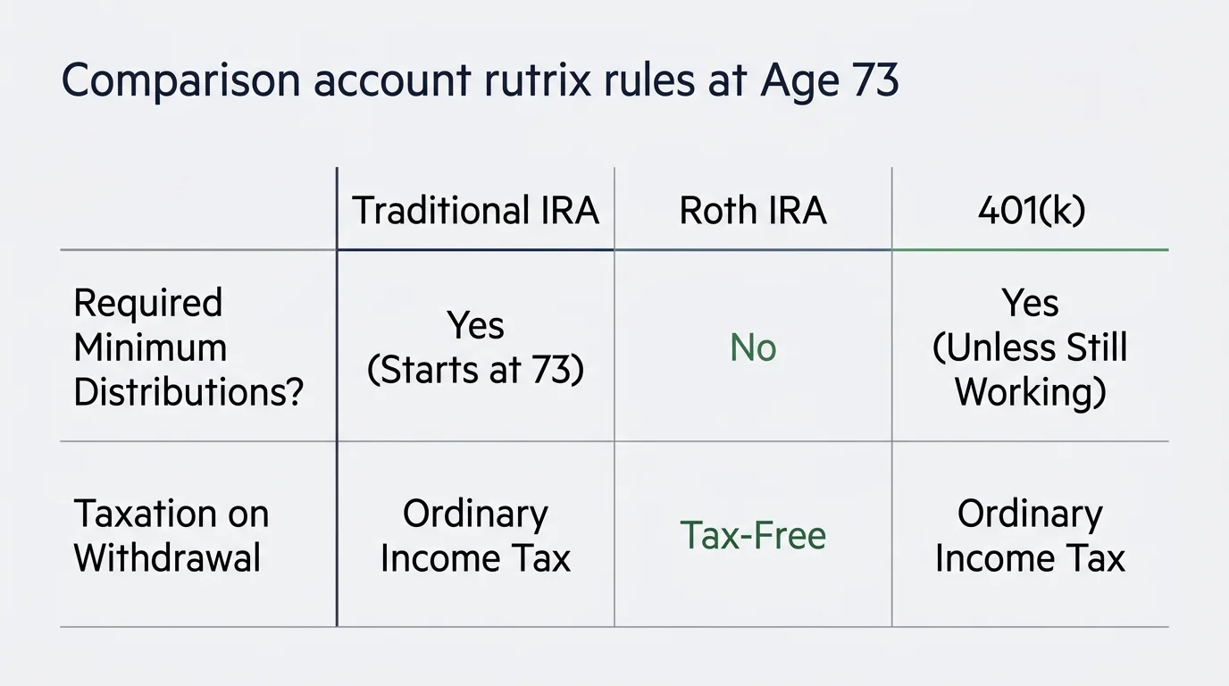 Clean comparative chart showing RMD and tax rules for Traditional IRAs, Roth IRAs, and 401(k) accounts at age 73.