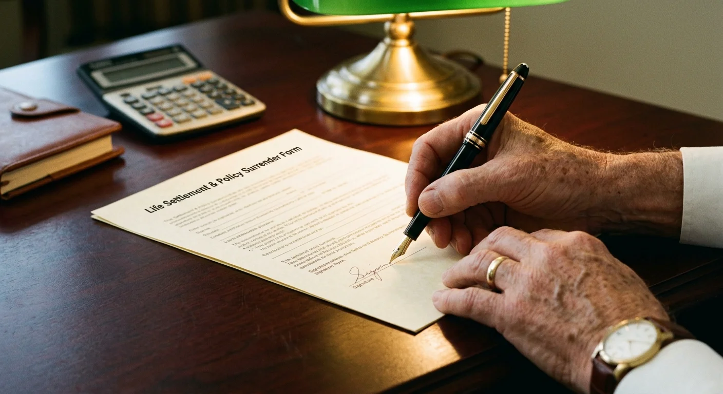 Close-up of a senior hand signing a policy surrender and life settlement document with a fountain pen under a desk lamp.