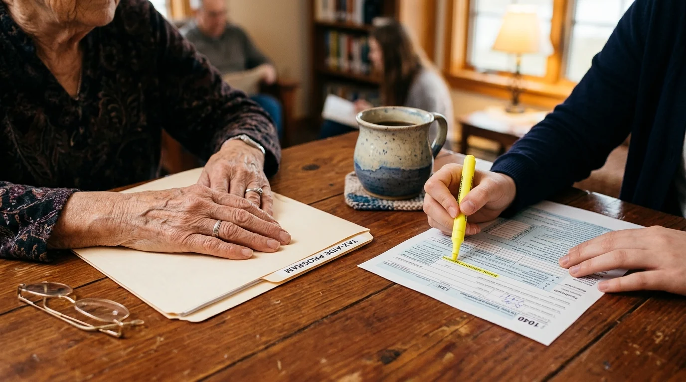Close-up of an older hand next to a tax document highlighted by a volunteer.