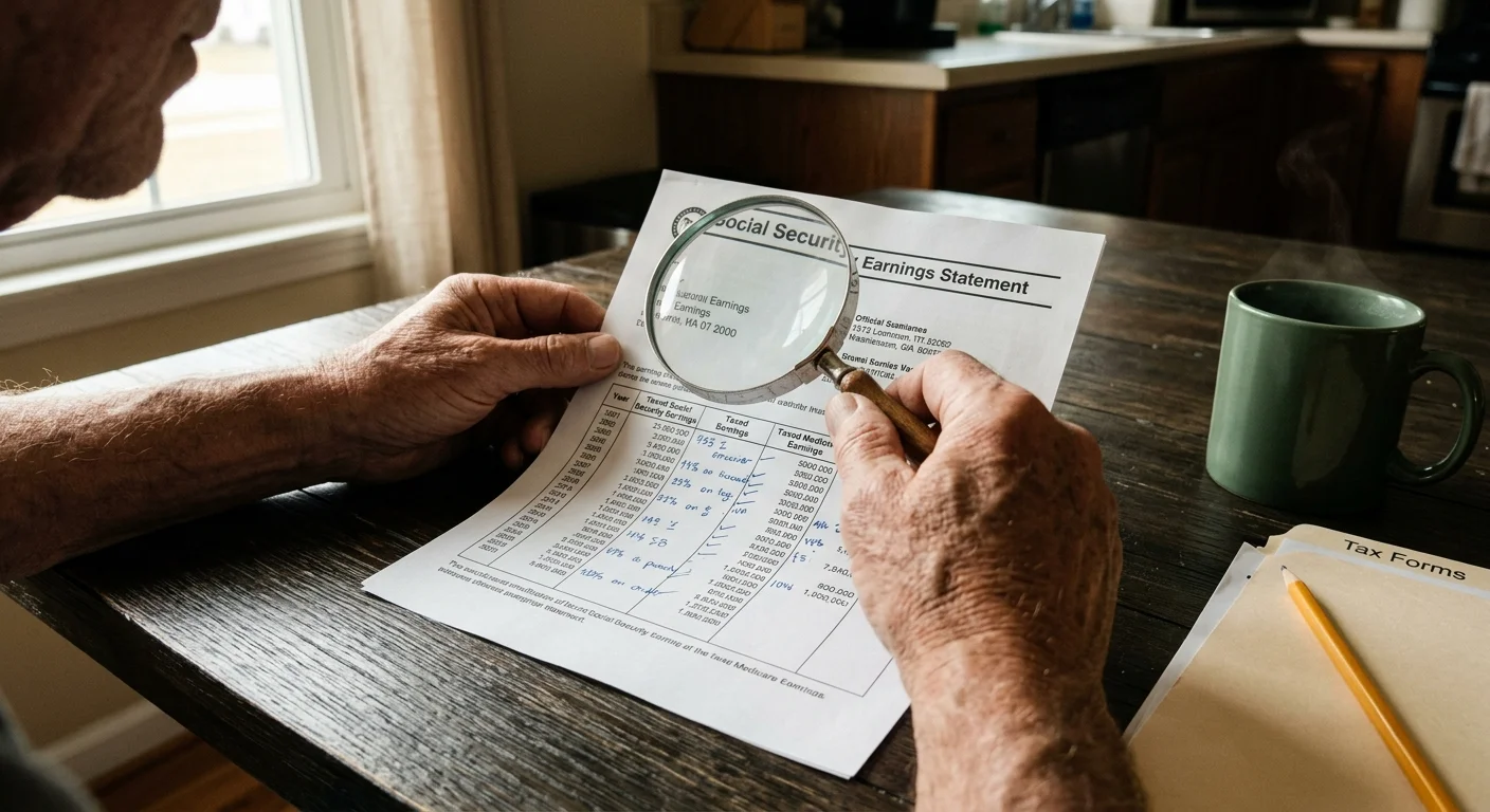 Close-up of an older man using a magnifying glass to check his official Social Security earnings statement on a wooden kitchen table.