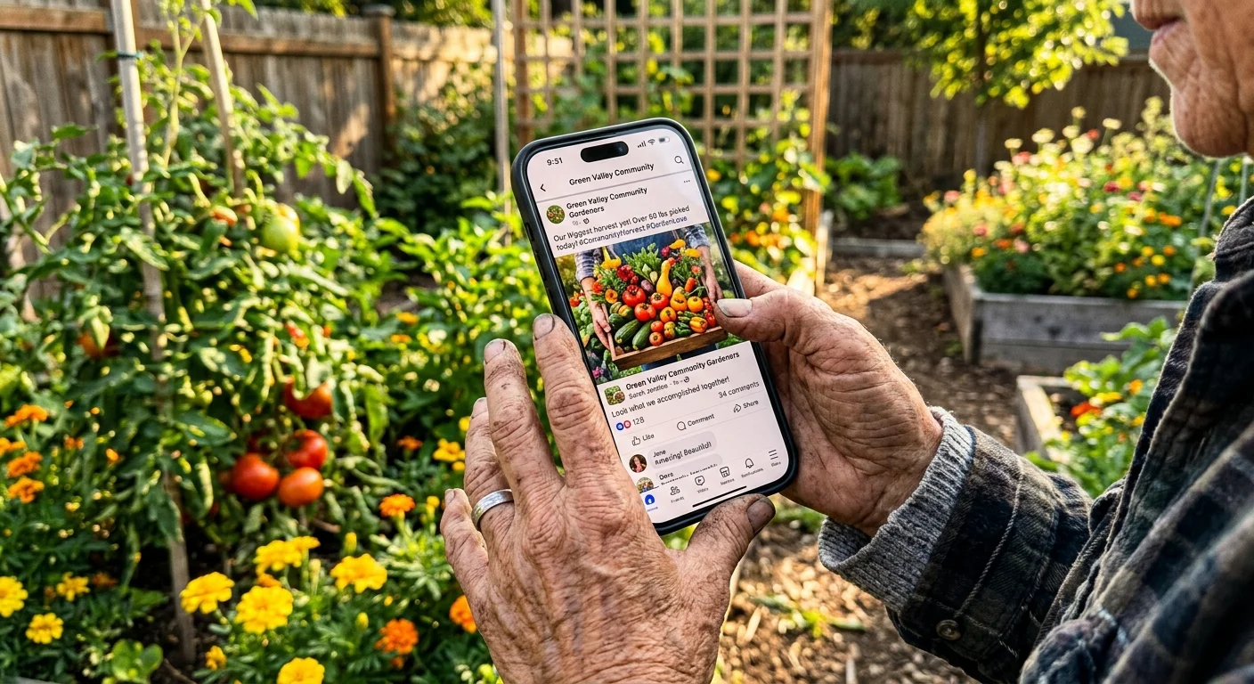 Close-up of an older woman's hands holding a phone showing a gardening group post, with her garden in the background.