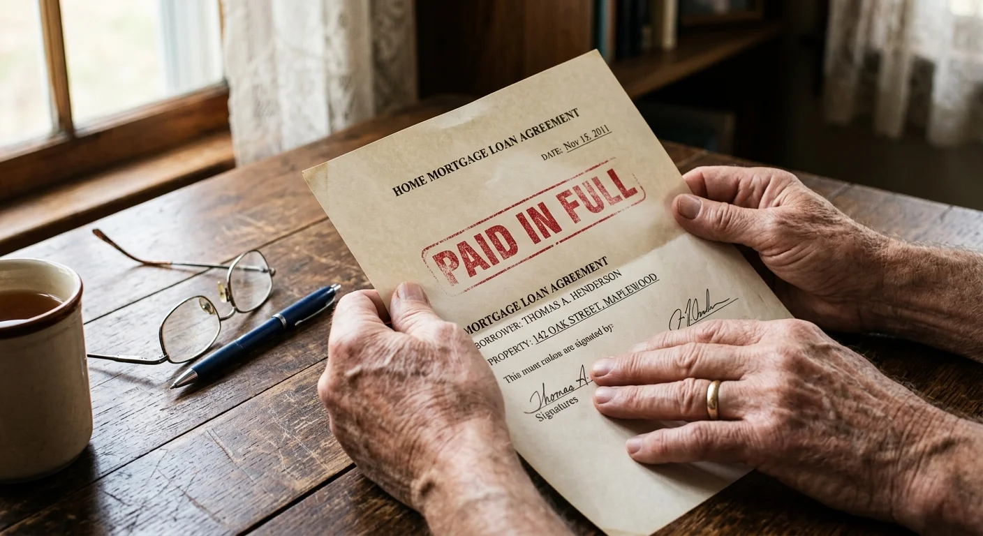 Close-up of mature hands holding a mortgage document stamped in red with PAID IN FULL on a wooden table.