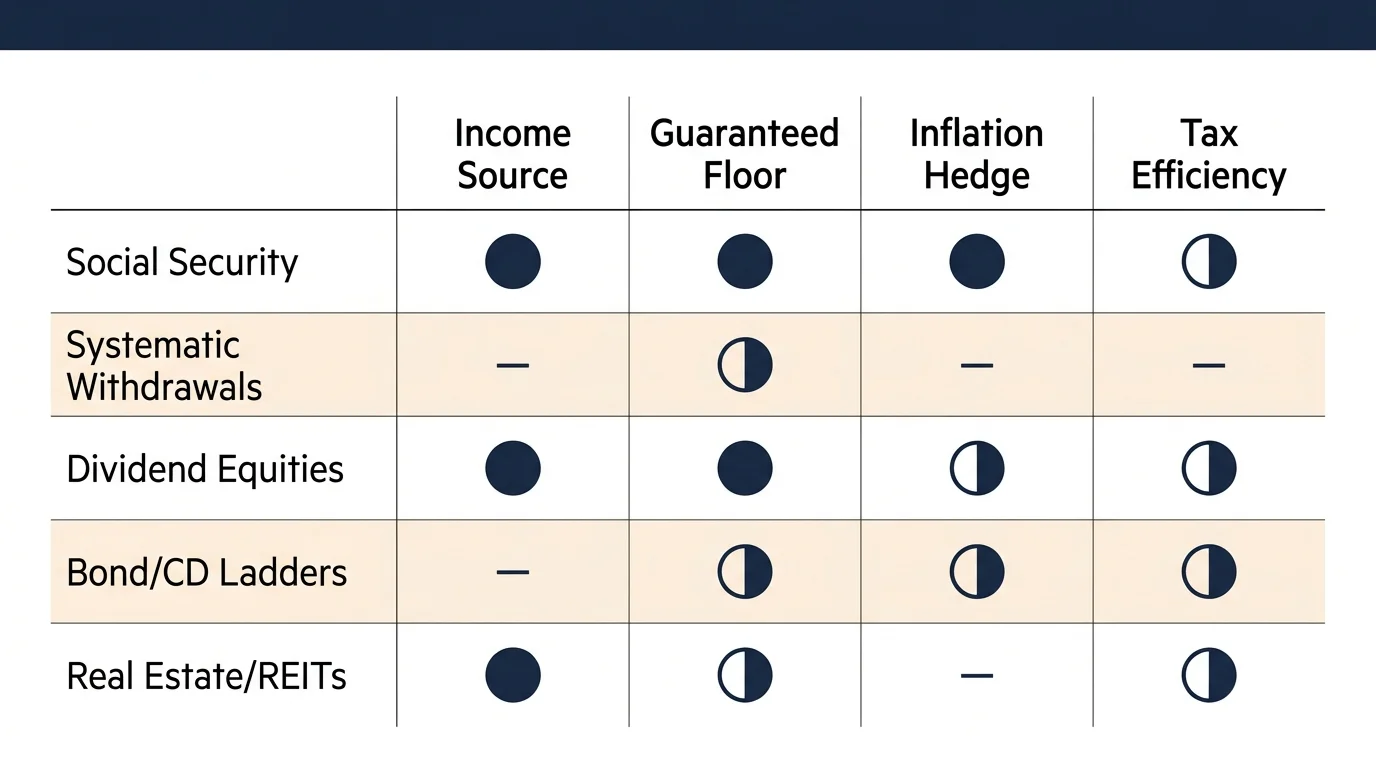 Table comparing retirement income sources across guaranteed floor, inflation hedge, and tax efficiency using Harvey balls.