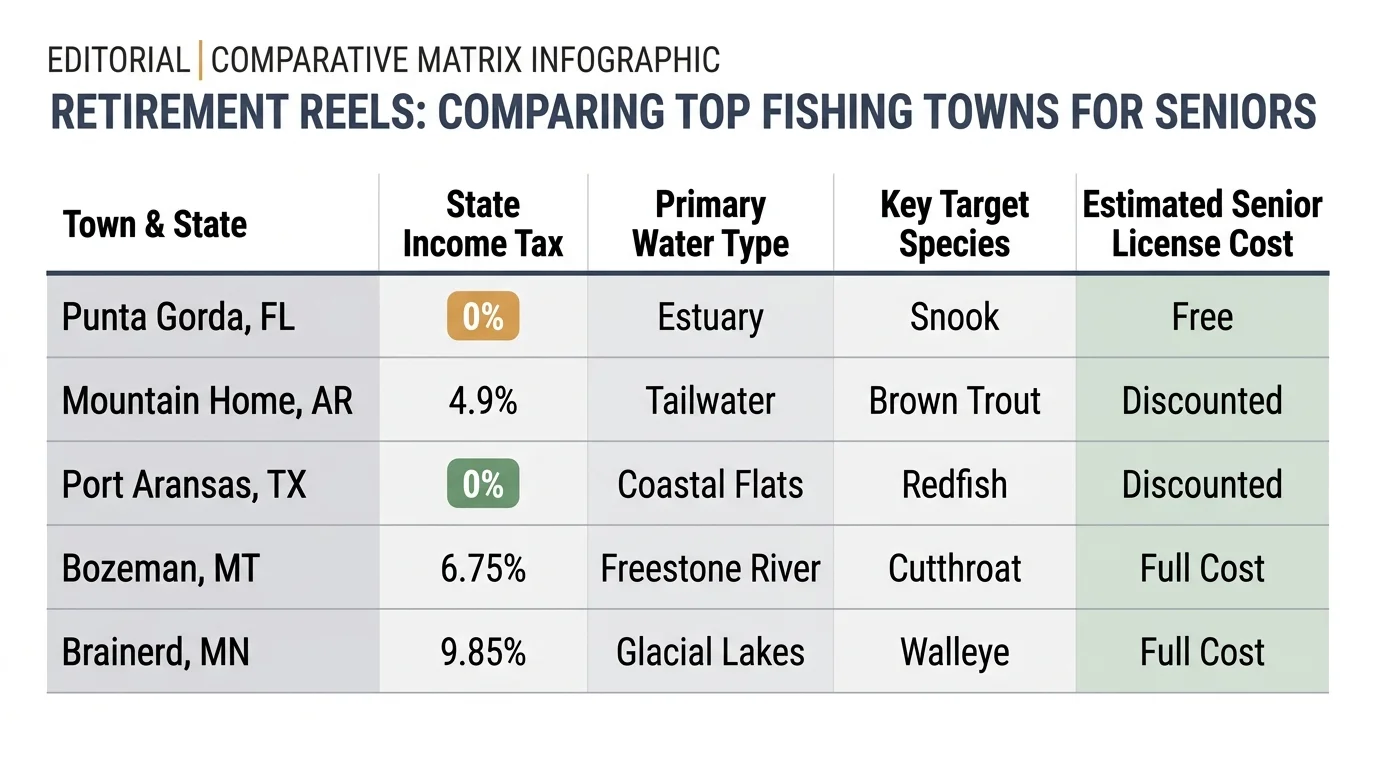 Comparative matrix table listing five retirement towns by state income tax, primary water type, gamefish, and license cost.