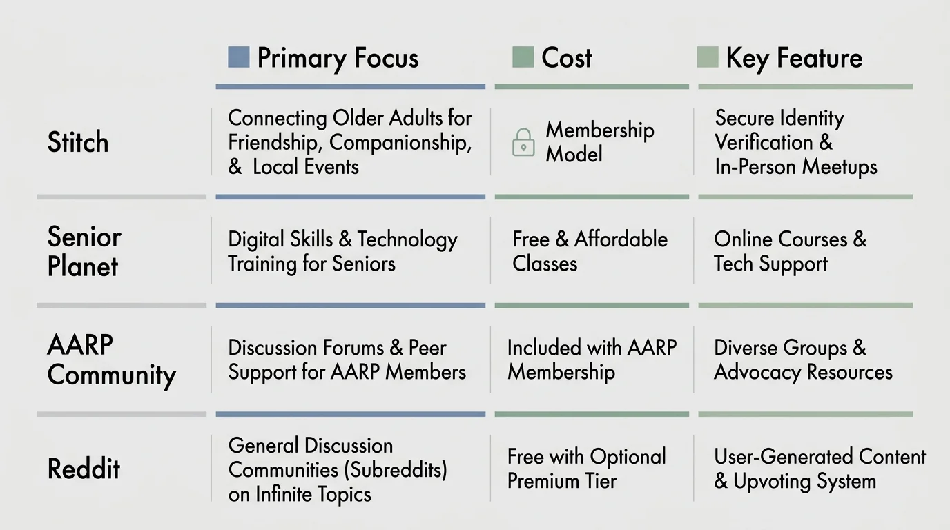 Comparison table comparing Stitch, Senior Planet, AARP, and Reddit on focus, cost, and key features.