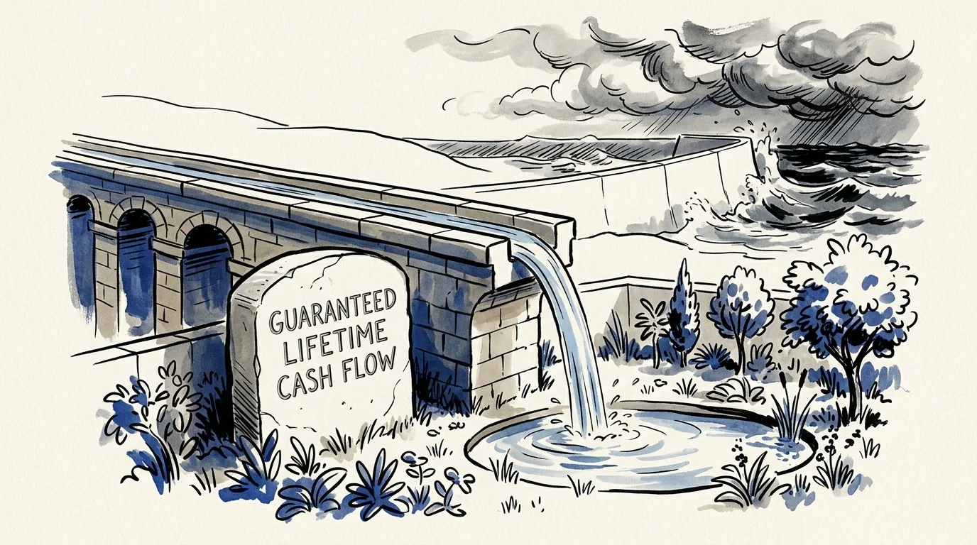 Ink illustration of an aqueduct channeling water into a calm garden pond beside a stormy sea and a stone marker.