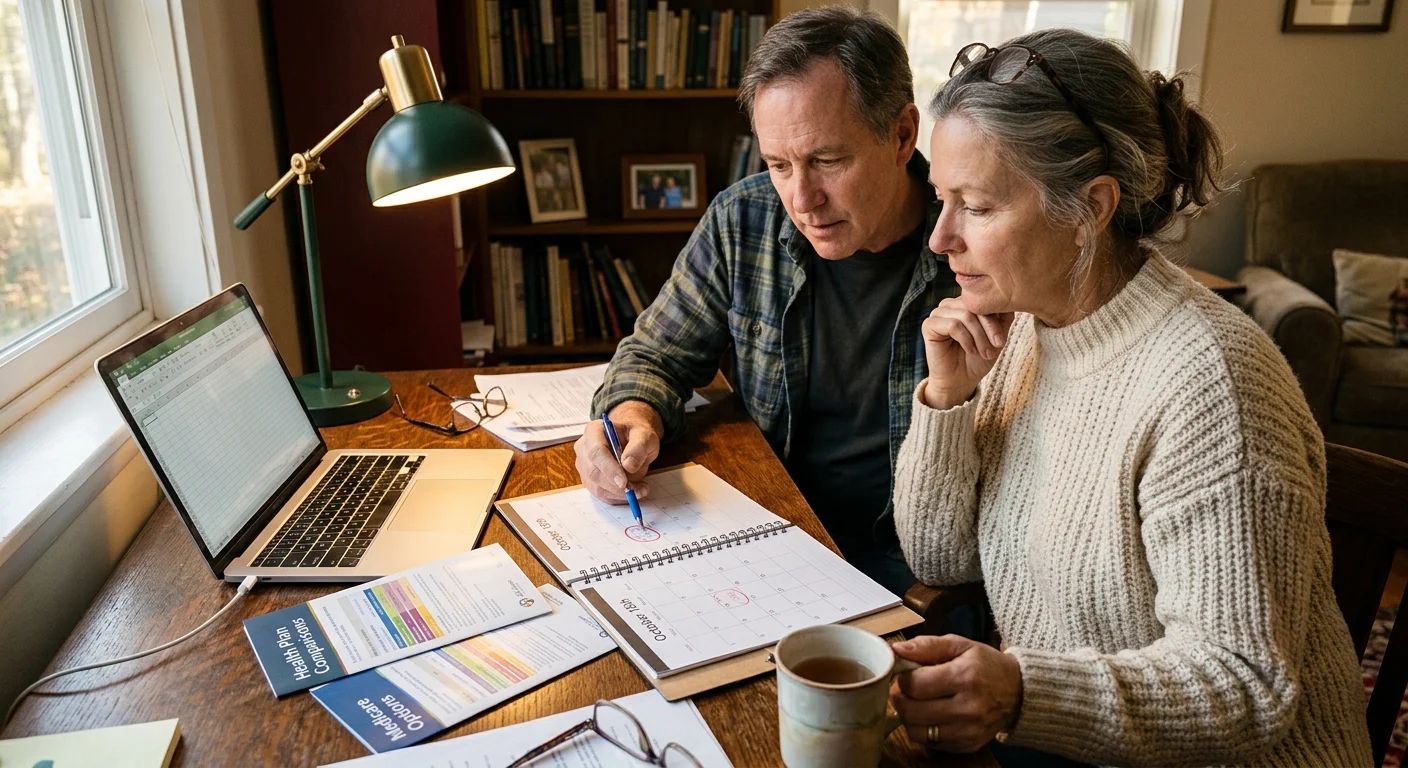 An older couple sitting at a wooden desk reviewing a calendar, laptop, and Medicare comparison pamphlets.