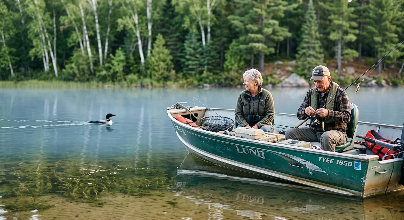 An older couple in a green fishing boat on a calm lake near a loon, with pine and birch trees along the shoreline.
