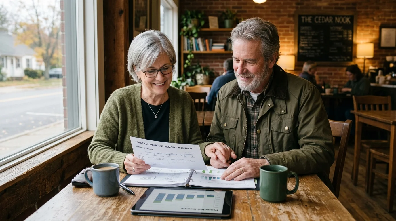 An older couple sits at a cafe table reviewing financial projection documents, a binder, and a tablet displaying charts.