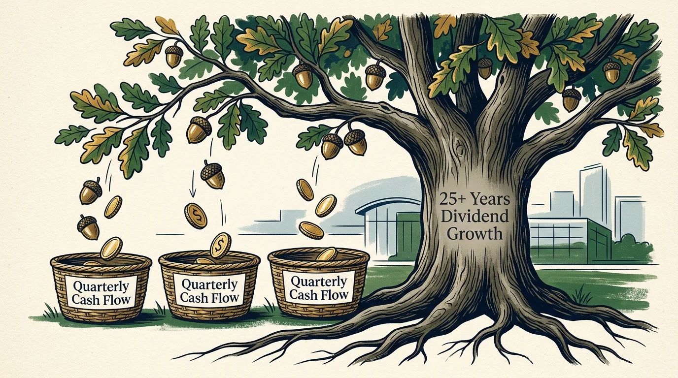 Illustration of a large oak tree dropping gold coins and acorns into baskets labeled Quarterly Cash Flow.