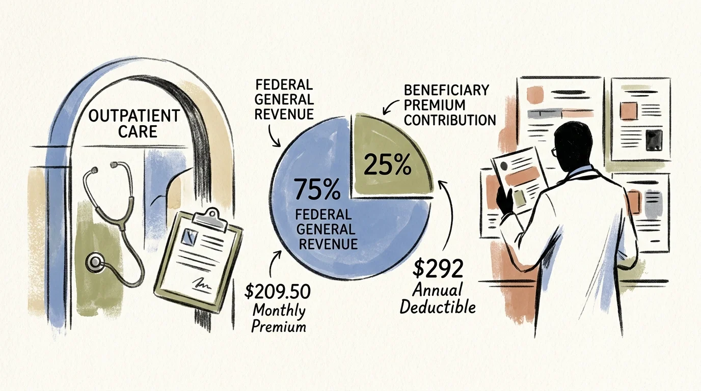 A doctor reviews paperwork beside a 75% and 25% pie chart illustrating Medicare Part B funding and costs.