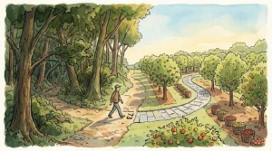 Editorial illustration of a person crossing a path marked 73, transitioning from a dense forest to a structured orchard.