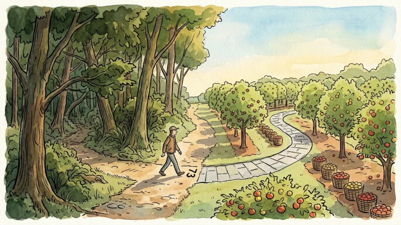 Editorial illustration of a person crossing a path marked 73, transitioning from a dense forest to a structured orchard.