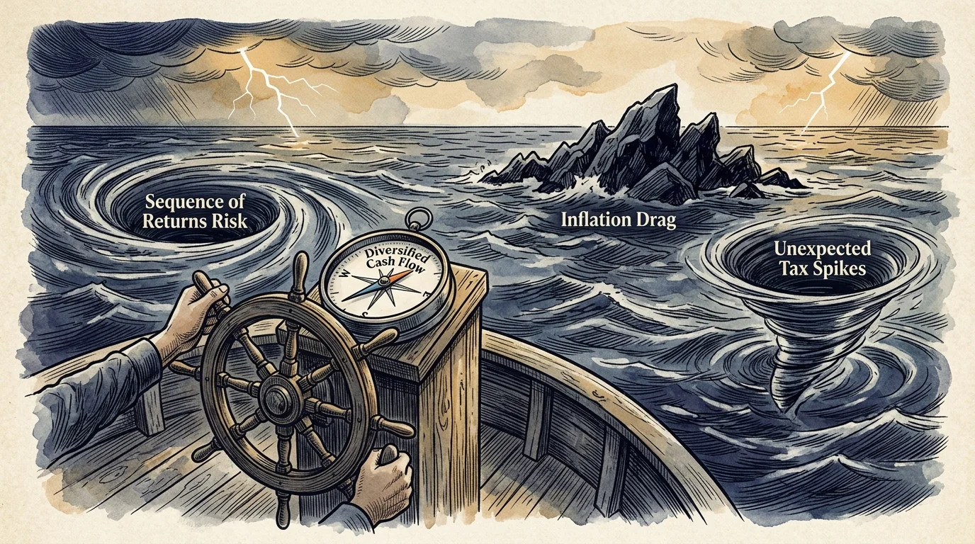 Illustration of hands steering a ship toward ocean hazards labeled Sequence of Returns Risk, Inflation Drag, and Tax Spikes.