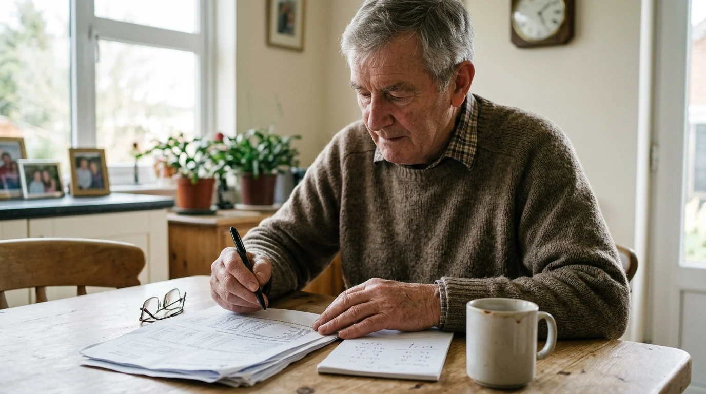 An older man in a brown sweater sits at a wooden table writing on paperwork next to a coffee mug.